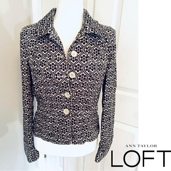 Loft Vintage 100% Cotton Black and White Ornament Jacket - Size 6 - Picture 3 of 7